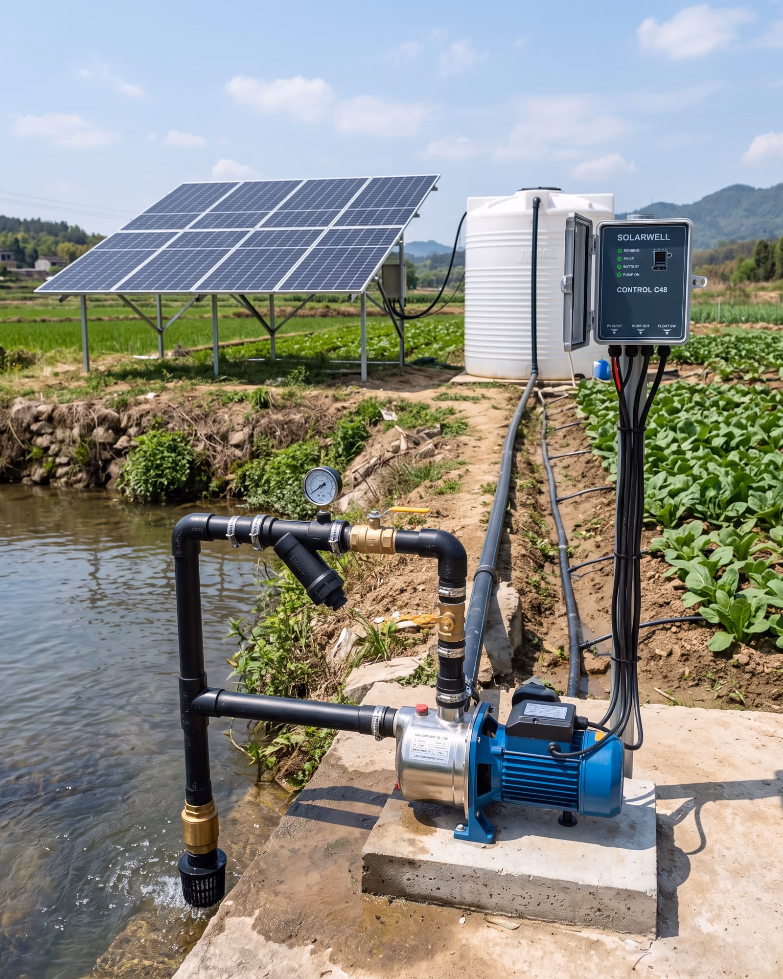 Sistema solar de bombeo de agua instalado con paneles fotovoltaicos, bomba de superficie, controlador, depósito y tuberías de riego