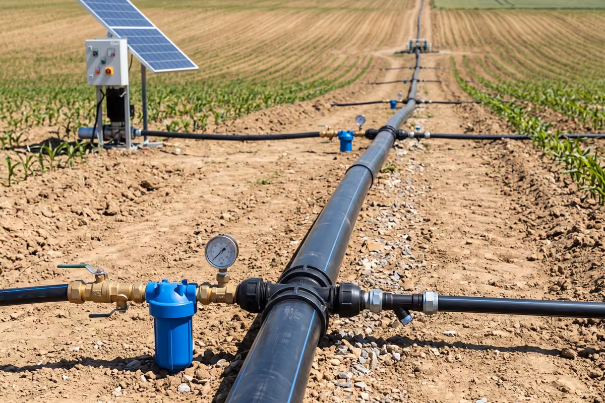 Conduite d'irrigation agricole avec vannes, raccords et équipement de régulation de pression