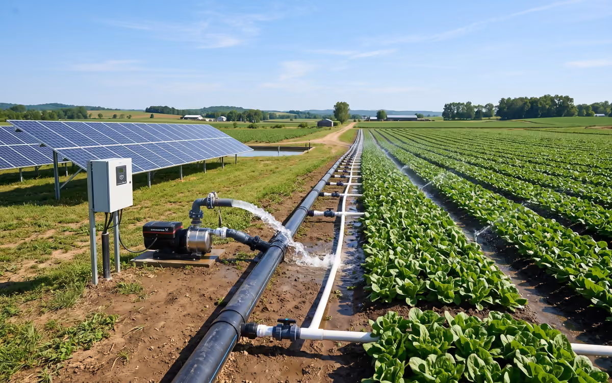 Pompe à eau solaire alimentant directement une zone d'irrigation agricole depuis des panneaux photovoltaïques