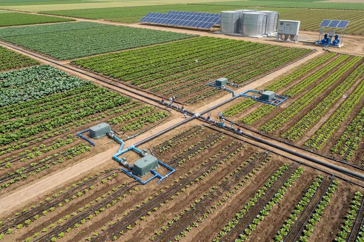 Zones de cultures planifiées avec lignes de goutte-à-goutte et système de pompage solaire
