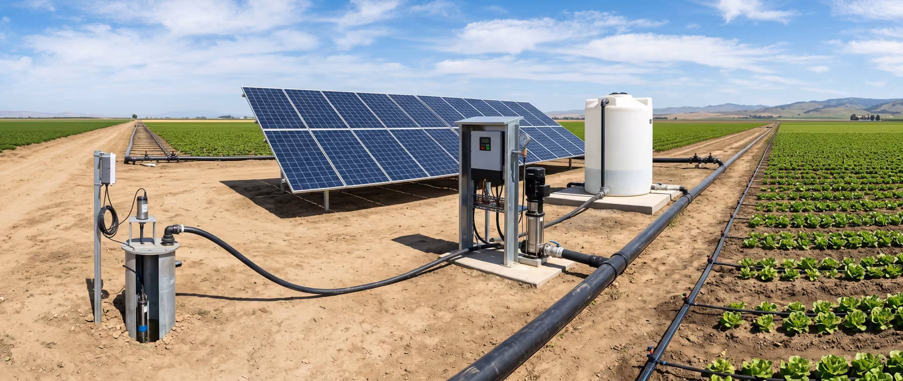 Relevé de terrain d'un système d'irrigation solaire montrant la source d'eau, la pompe, les panneaux solaires, la conduite et les cultures irriguées