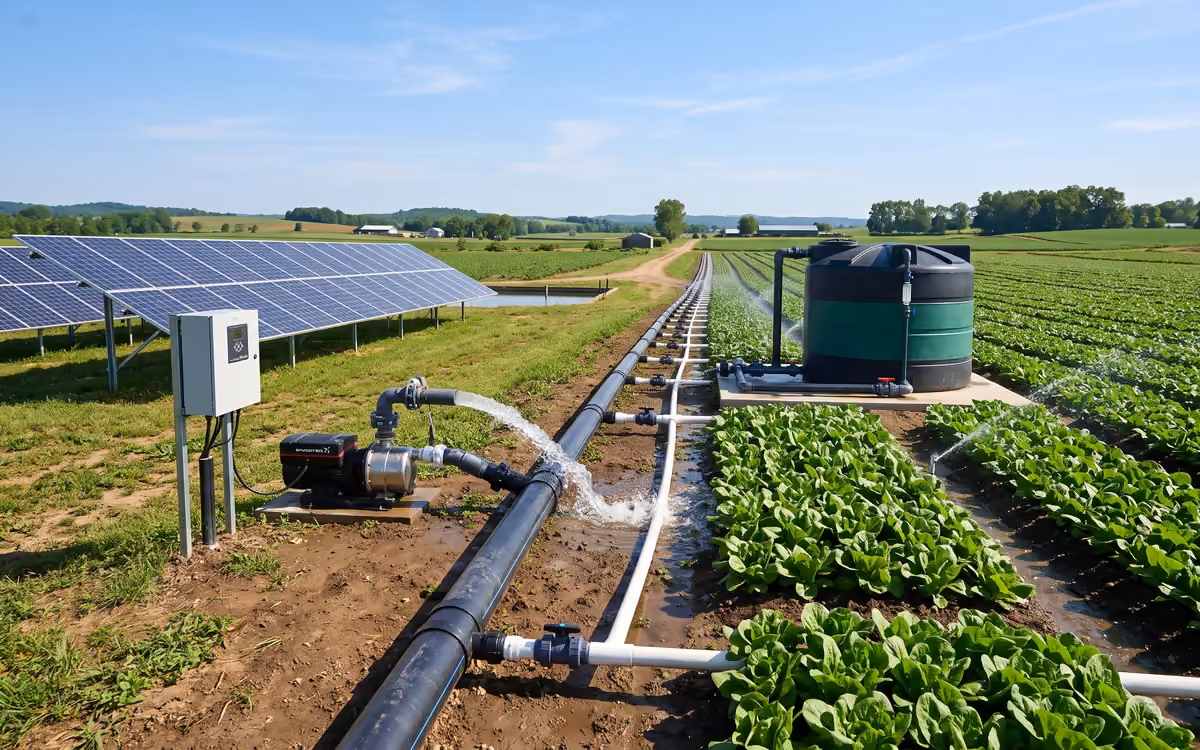 Pompe à eau solaire remplissant un réservoir de stockage agricole depuis des panneaux photovoltaïques