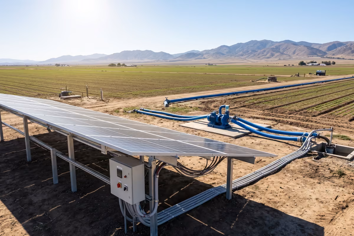Panneaux solaires, contrôleur et emplacement de pompe dans un champ agricole ouvert