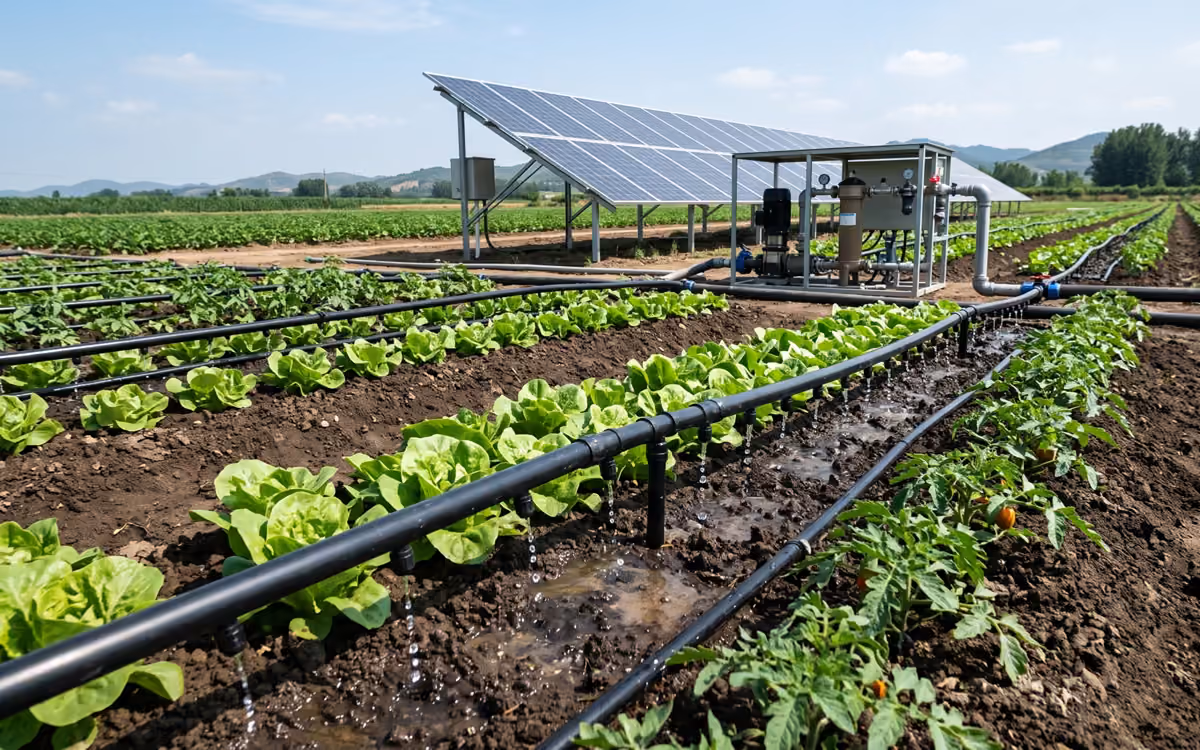 Pompe à eau solaire alimentant une irrigation goutte-à-goutte filtrée dans des rangs de cultures
