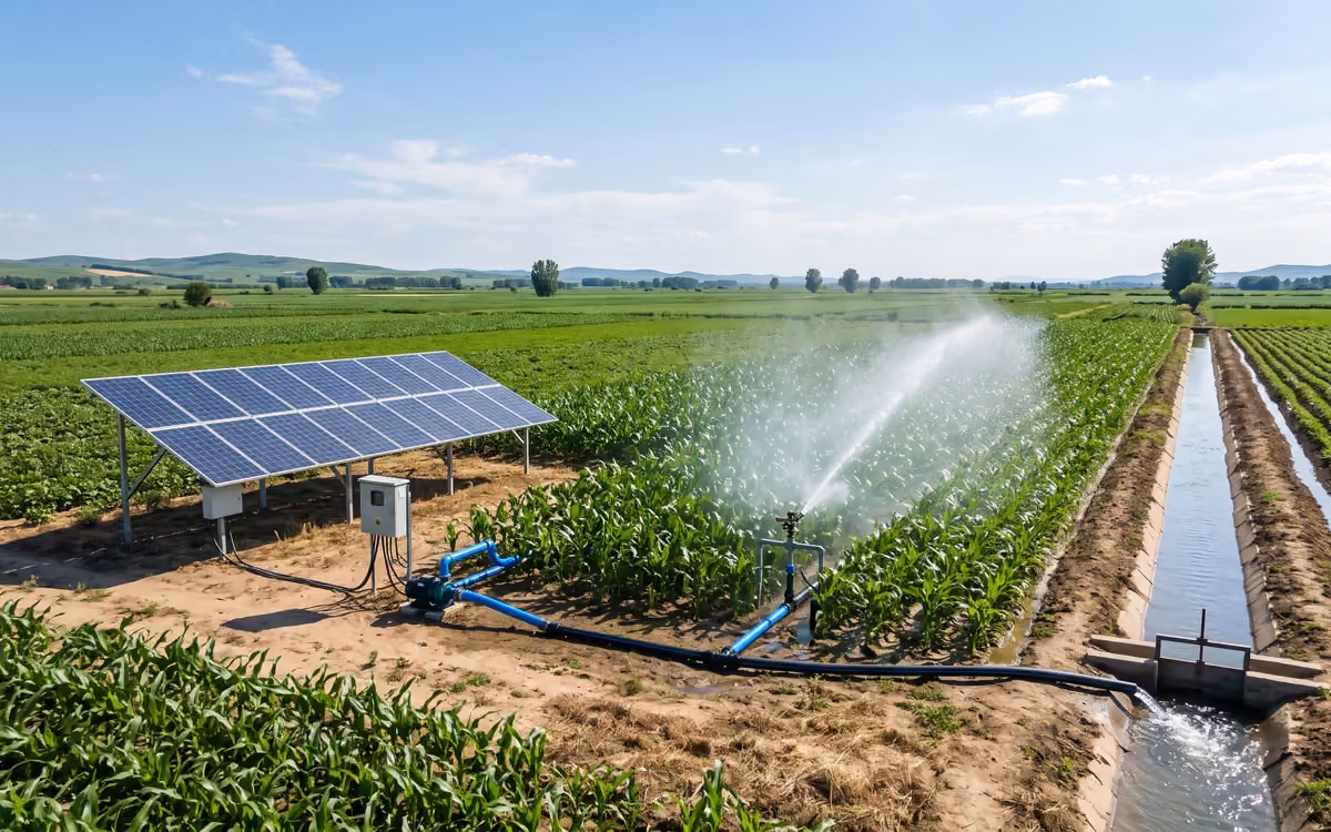 Pompe à eau solaire alimentant des arroseurs agricoles ou un canal d'irrigation ouvert