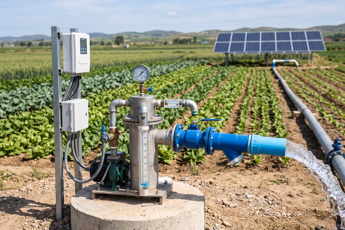 Source d'eau d'irrigation solaire avec tête de puits, contrôleur de pompe et conduite de refoulement
