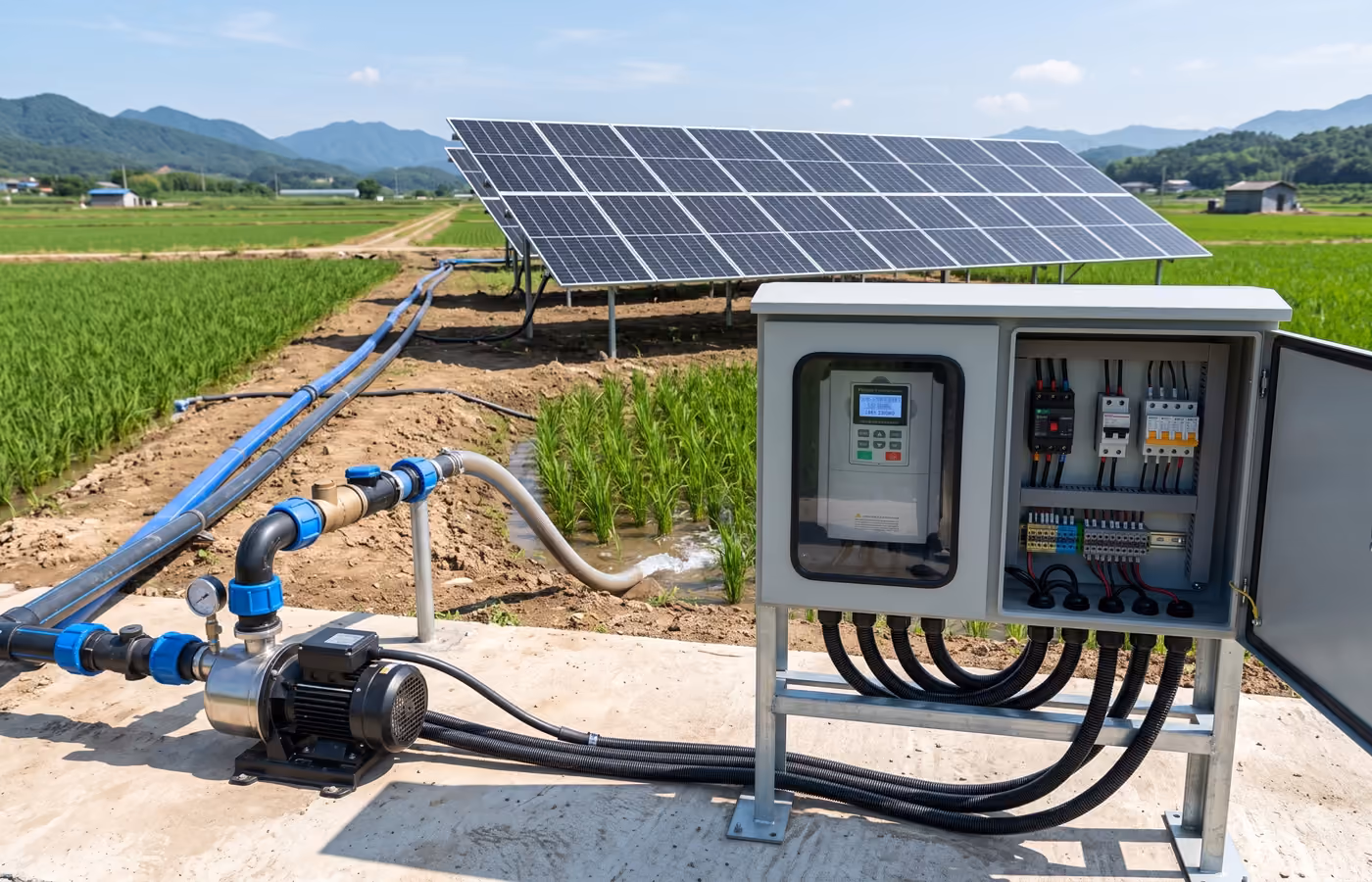 Solarpumpe, Steuergerät und Photovoltaikanlage für die Feldbewässerung