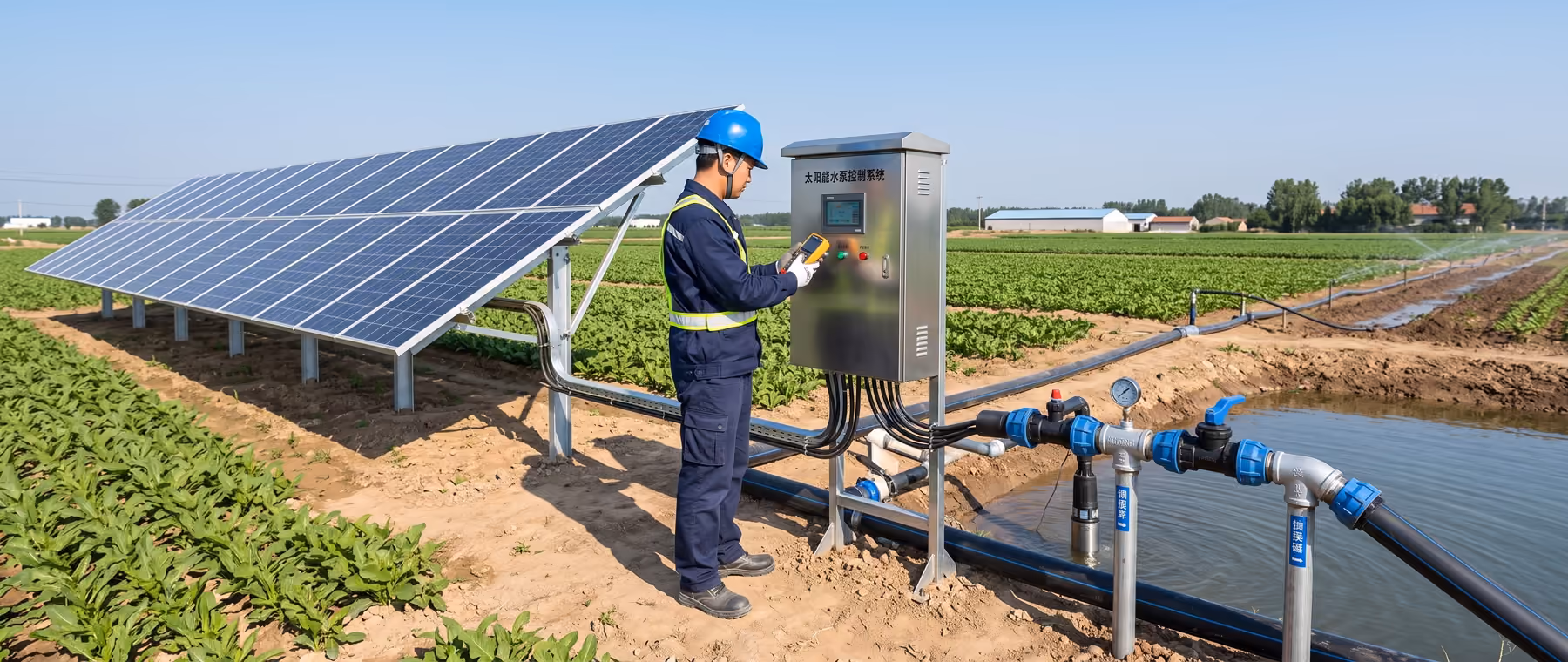 Ein Techniker prüft ein Solarpumpsystem mit Photovoltaikmodulen, Steuerung und Bewässerungsleitungen auf einem landwirtschaftlichen Feld