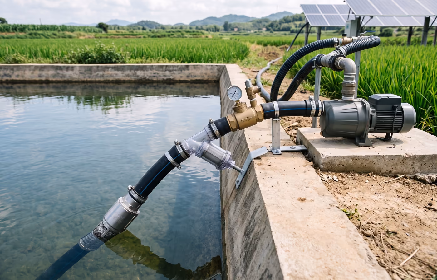 Solarbetriebene Wasserpumpe entnimmt Wasser aus einem landwirtschaftlichen Kanal über Ansaugfilter und Rohrleitungen