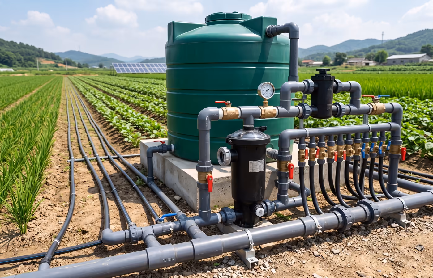 Wasserspeicher mit Filtern, Ventilen und Bewässerungsleitungen auf einem landwirtschaftlichen Feld