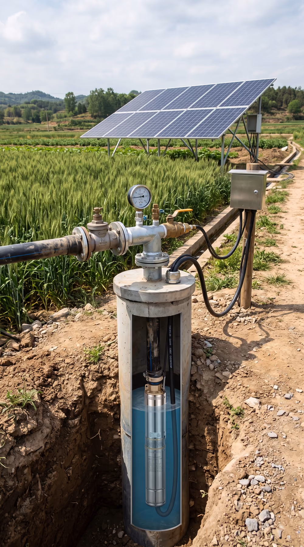 Solar submersible pump installation at an agricultural borehole with solar panels and water-delivery pipe