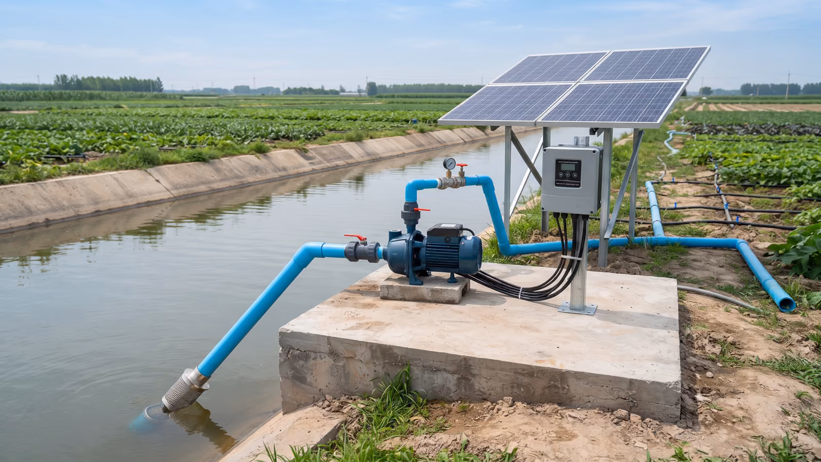 Solar-Oberflächenpumpe fördert Wasser aus einem Bewässerungskanal mit Solarmodulen Regler und Rohrleitungen