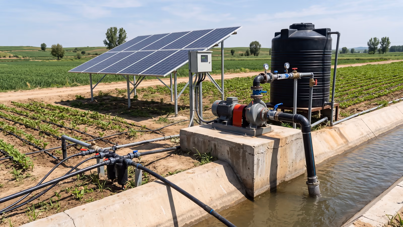 Solar-Oberflächenpumpe versorgt eine Tropfbewässerung aus einem Kanal mit Solarmodulen, Regler und Speichertank