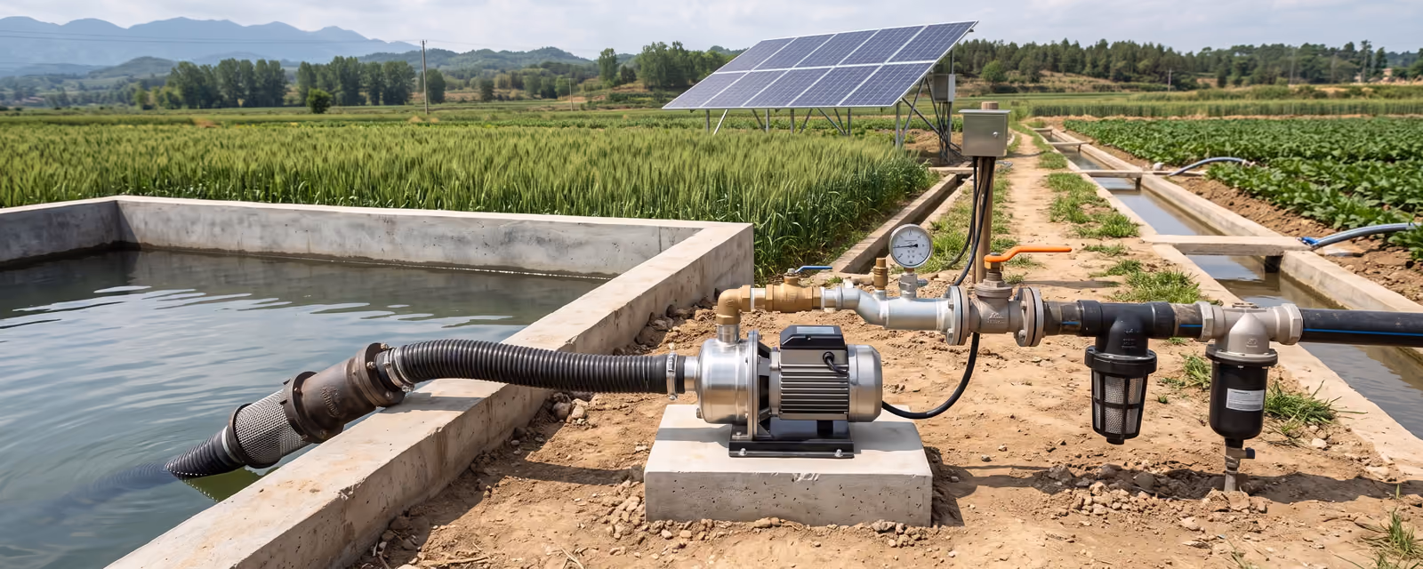 Solar surface pump installation beside an irrigation canal with solar panels and water-delivery pipe