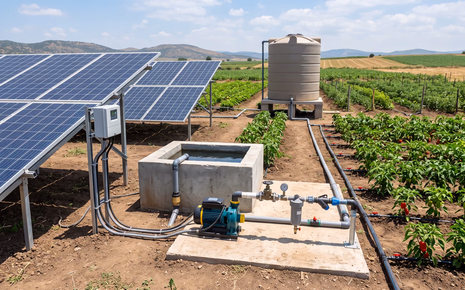 Solar water pumping system with photovoltaic array, controller, surface pump, storage tank and drip irrigation