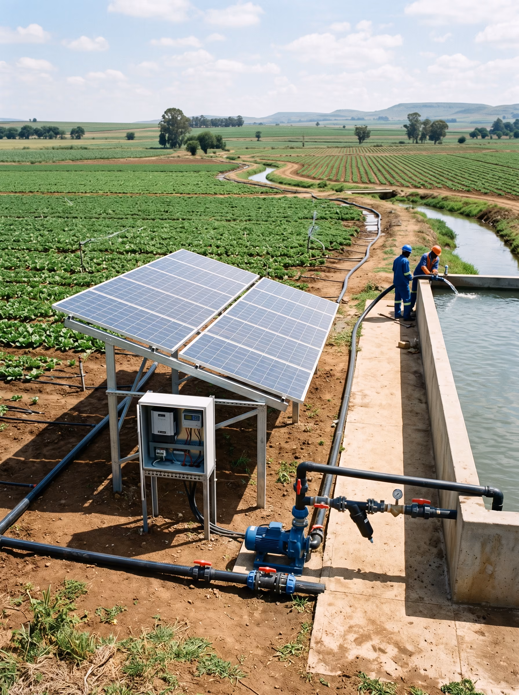 Solar water pumping installation with photovoltaic array, controller, water tank and drip irrigation in an agricultural field